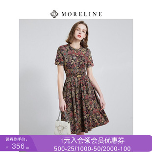 油画印花大伞裙中长款 沐兰法式 复古印花优雅收腰连衣裙夏新款