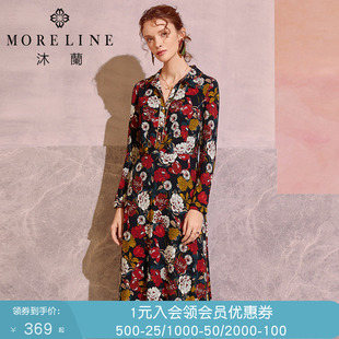 MORELINE沐兰商场同款春秋V领修身印花连衣裙女长袖中长款长裙