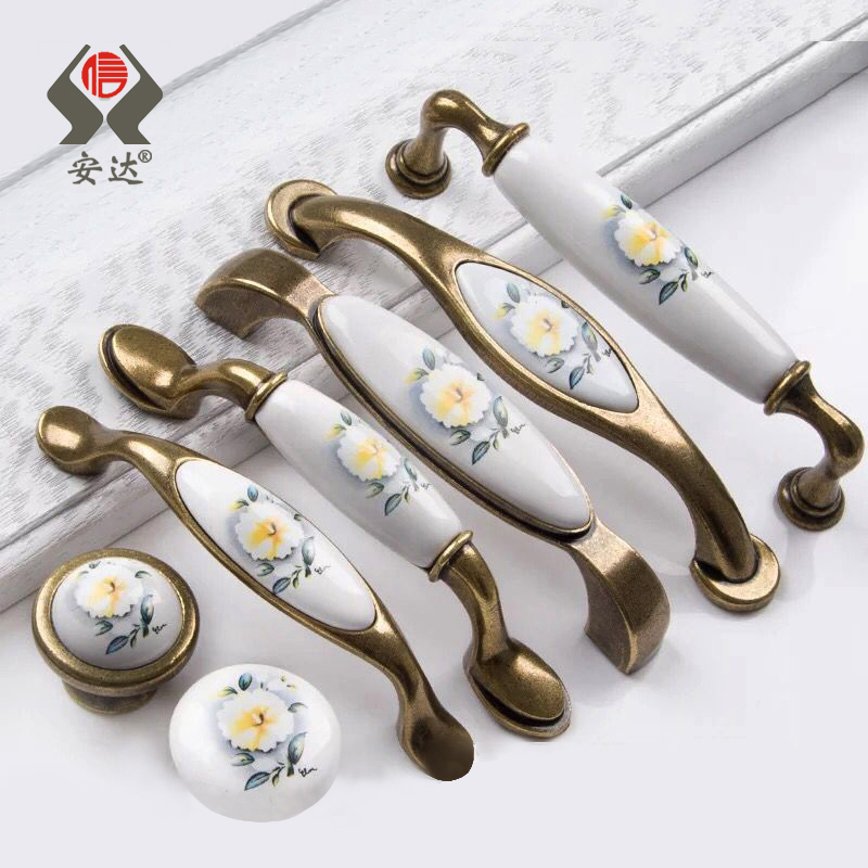 橱柜衣柜抽屉家具门把手欧式仿古田园美式茶花陶瓷单孔拉手新品