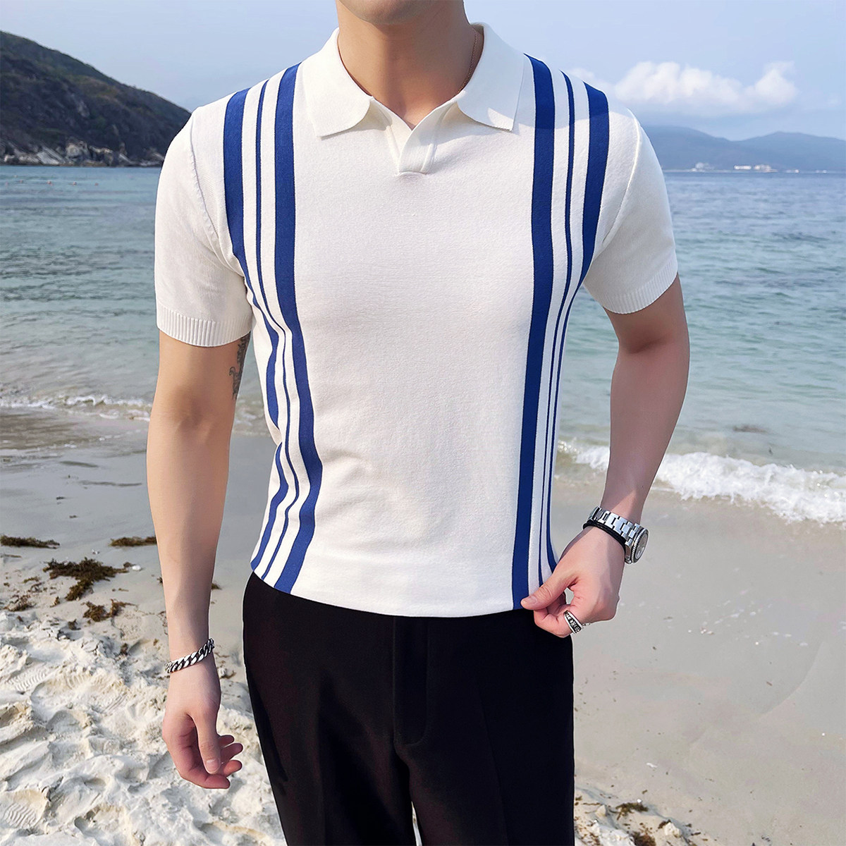 2025夏季新款针织男士短袖polo衫修身条纹冰丝T恤A431-PL67-P60,男装T恤,星座401B（原A431）