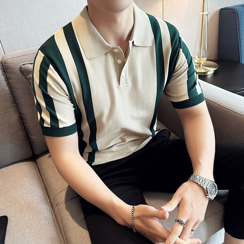 2025夏季新款 英伦冰爽丝短袖男士polo衫t恤条纹A431-PL75-P60图片
