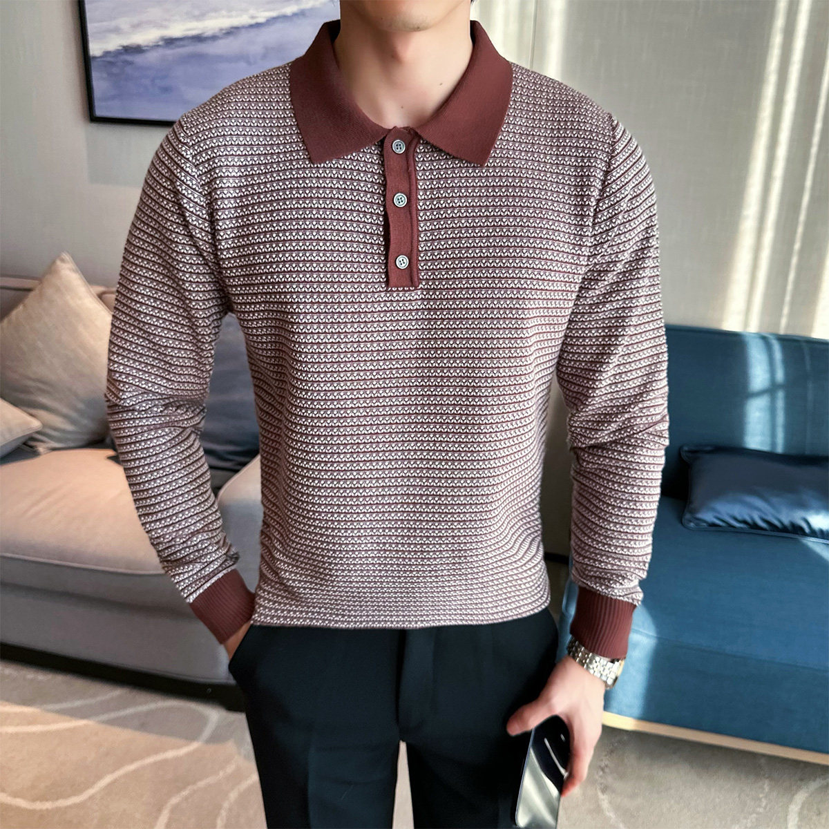 2025秋装新款男士英伦休闲翻领毛衣条纹打底针织衫401B-MY33-P80,男装针织衫/毛衣,星座401B（原A431）