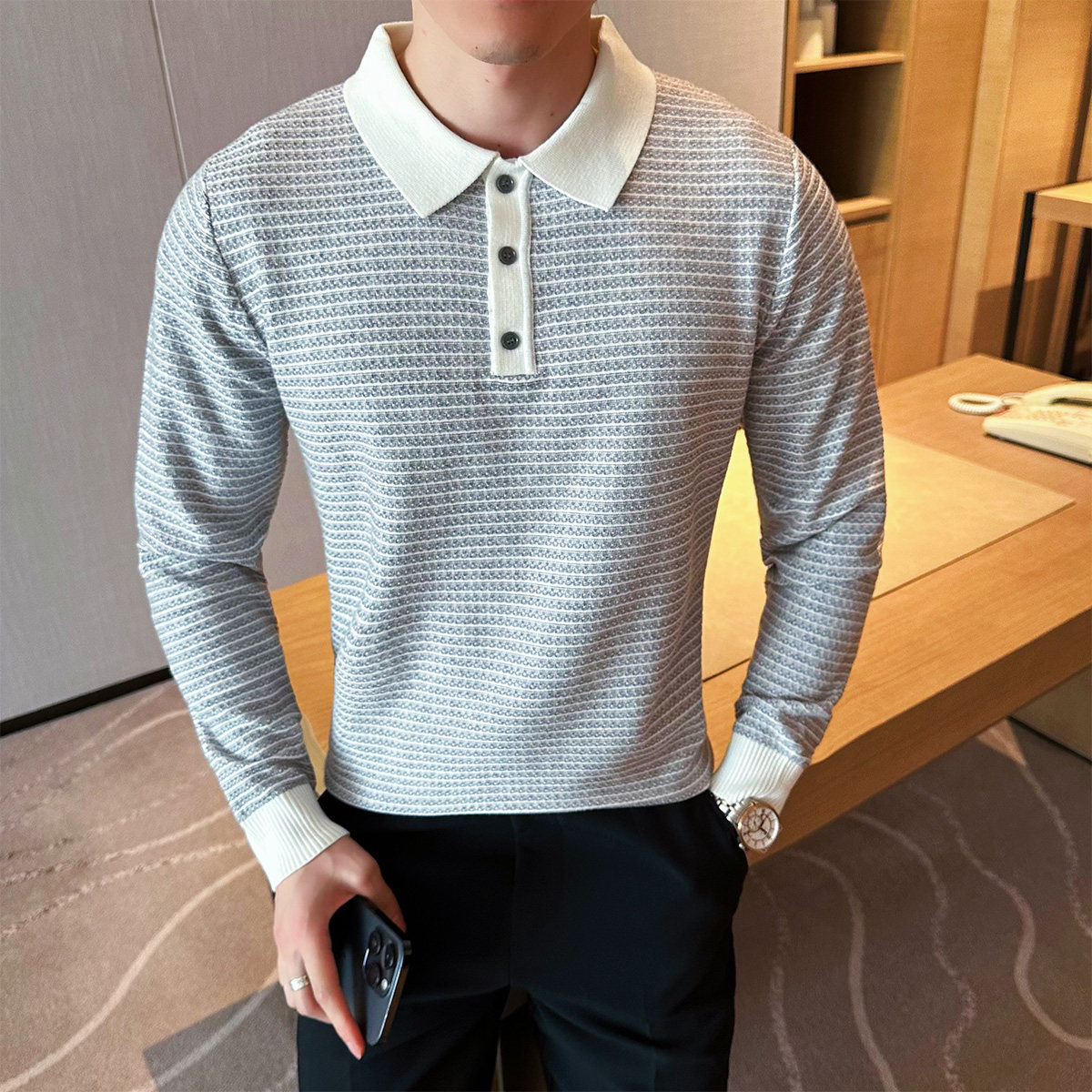 2025秋装新款男士英伦休闲翻领毛衣条纹打底针织衫401B-MY33-P80,男装针织衫/毛衣,星座401B（原A431）