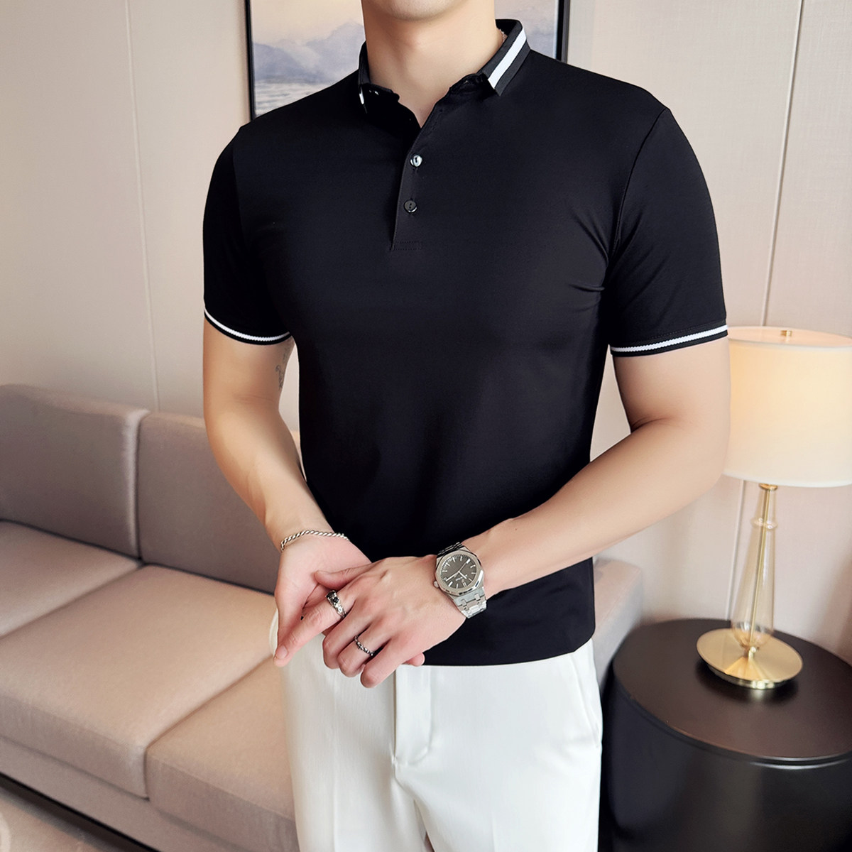 2025夏季英伦修身弹力领条纹冰丝短袖POLO衫纯色T恤A431-PL09-P45,男装T恤,星座401B（原A431）