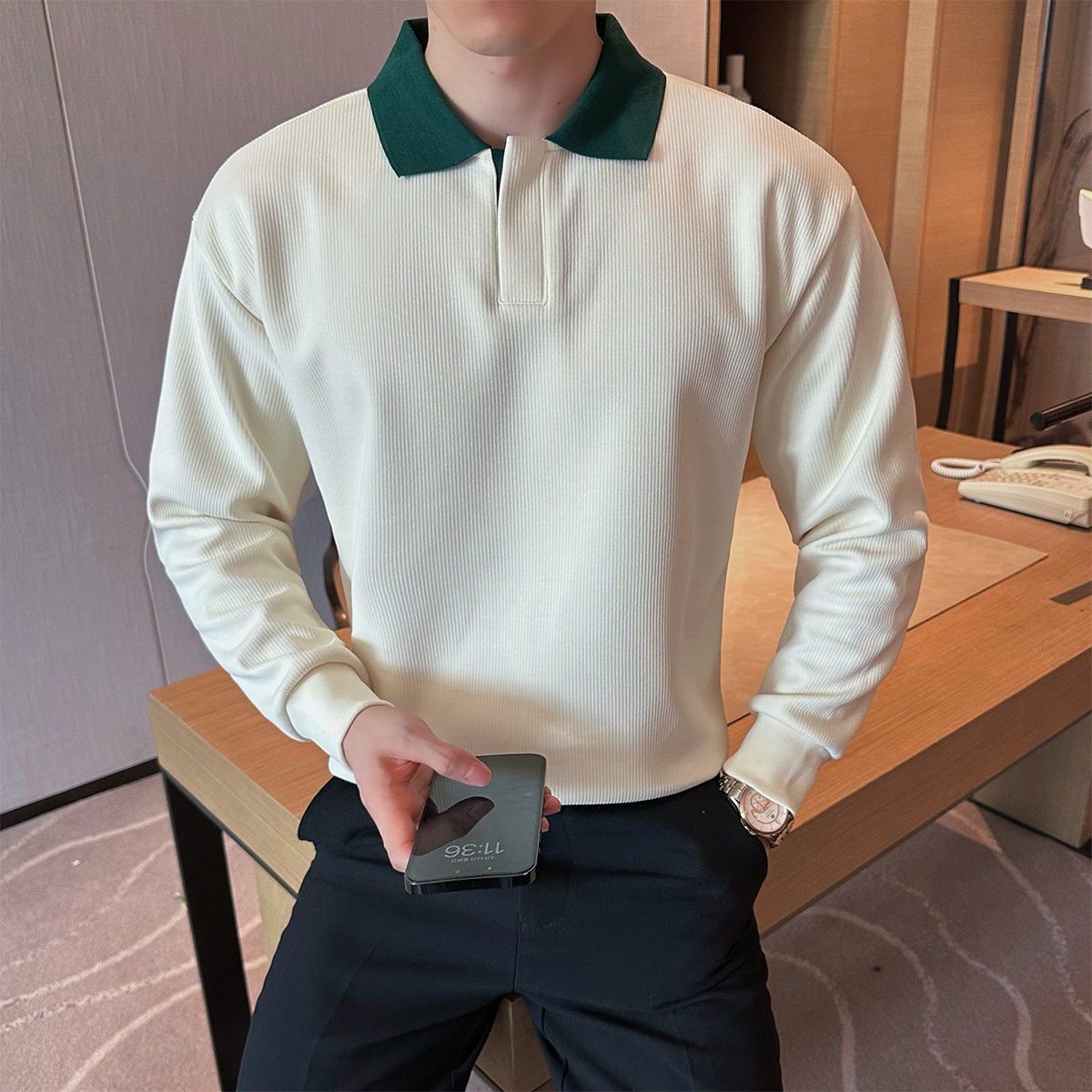 2025秋装新款男士翻领卫衣纯色休闲百搭长袖打底T恤401B-WY26-P68,男装T恤,星座401B（原A431）