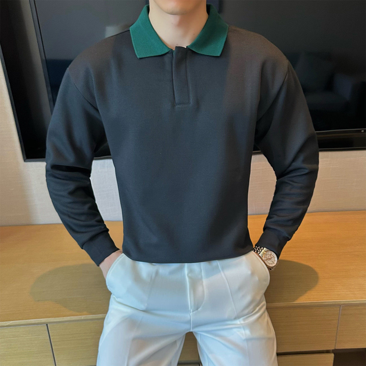 2025秋装新款男士翻领卫衣纯色休闲百搭长袖打底T恤401B-WY26-P68,男装T恤,星座401B（原A431）