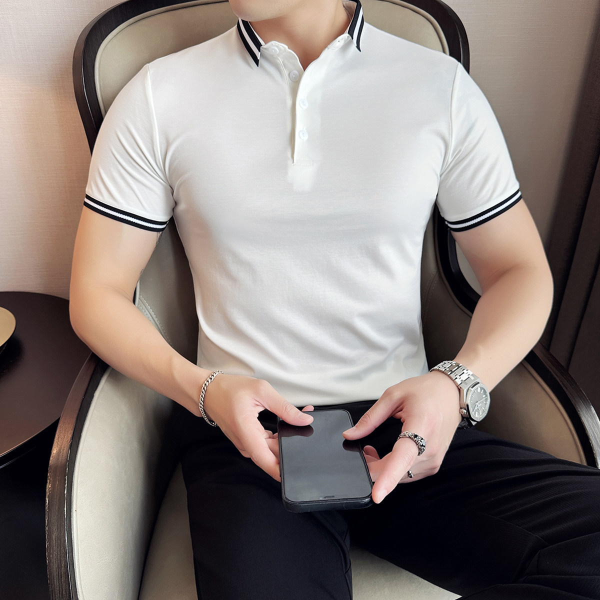 2025夏季英伦修身弹力领条纹冰丝短袖POLO衫纯色T恤A431-PL09-P45,男装T恤,星座401B（原A431）