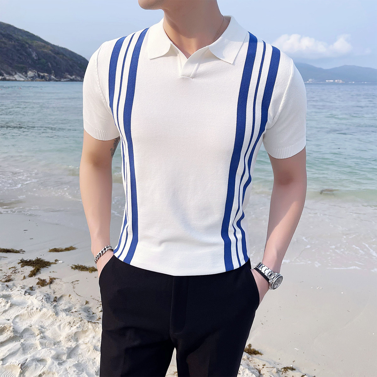 2025夏季新款修身针织男士短袖polo衫条纹冰丝T恤A431-PL67-P60,男装T恤,星座401B（原A431）