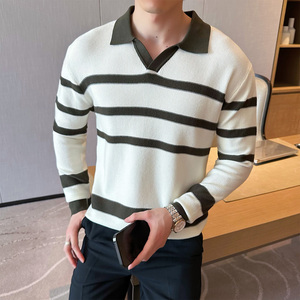 2025秋装新款男士半拉链V领毛衣条纹打底针织衫401B-MY550-P75
