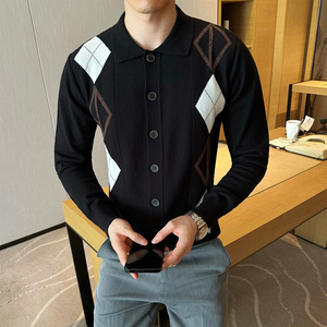 2025秋装新款圆领毛衣菱形格针织衫开衫外套男401B-MY603-P100图片