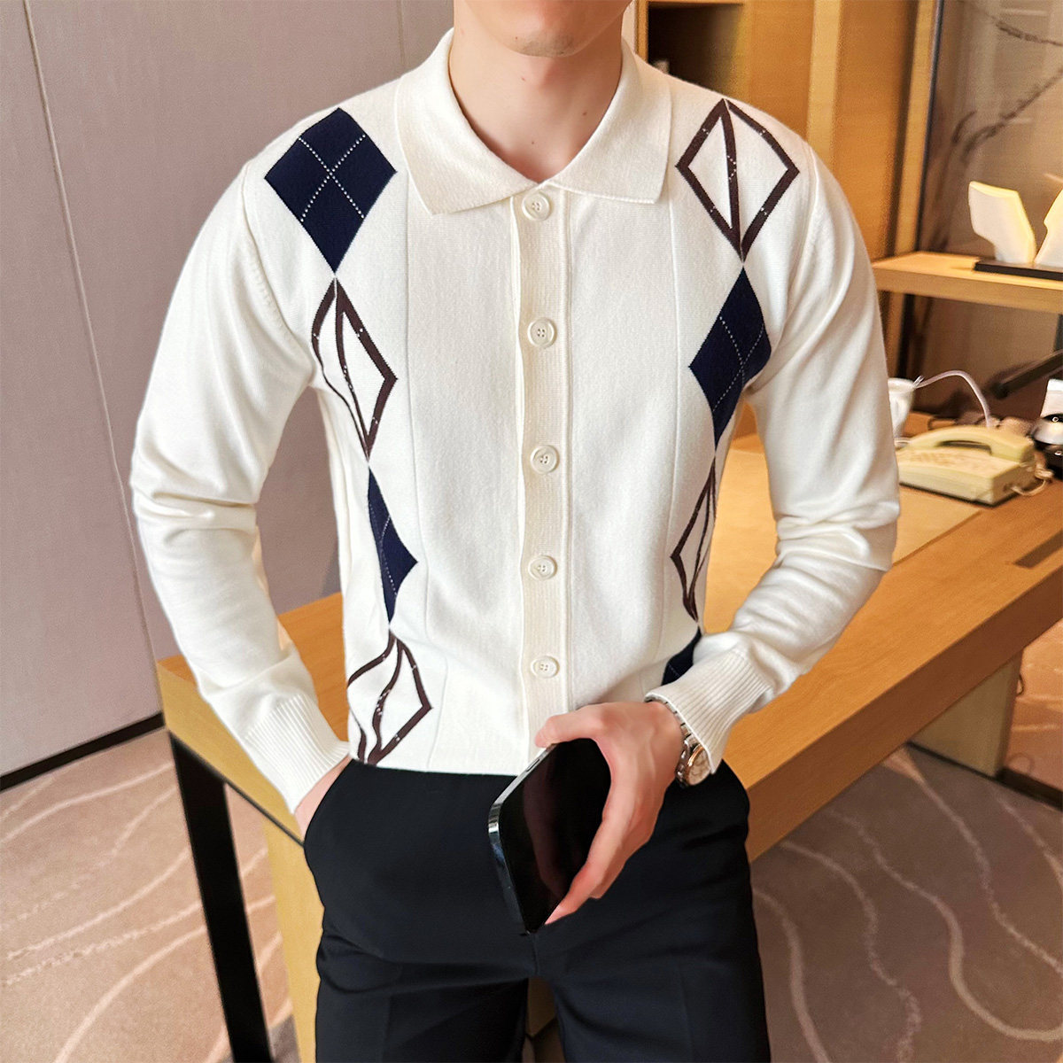 2025秋装新款圆领毛衣菱形格针织衫开衫外套男401B-MY603-P100,男装针织衫/毛衣,星座401B（原A431）