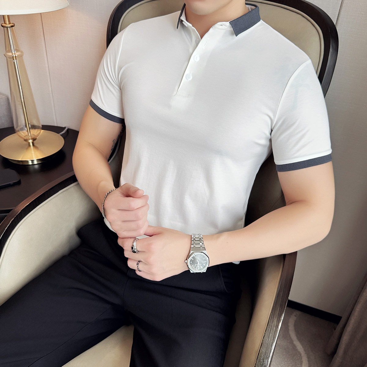 2025夏季休闲修身高弹力翻领薄款冰丝男士短袖polo衫A431-PL08P45,男装Polo衫,星座401B（原A431）