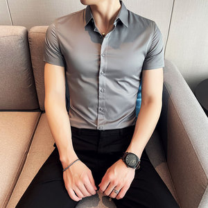 跑量款2025夏季英伦10色免烫修身短袖衬衫男 A431-3301特P33白色图片