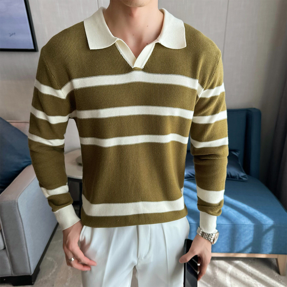 2025秋装新款男士半拉链V领毛衣条纹打底针织衫401B-MY550-P75,男装T恤,星座401B（原A431）