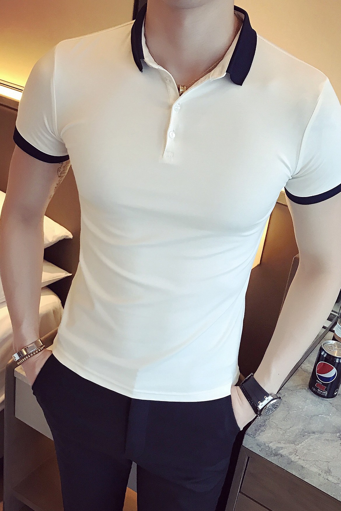 2025夏季新款英伦领子拼接纯色珠地短袖POLO衫修身款A431PL06P45,男装T恤,星座401B（原A431）