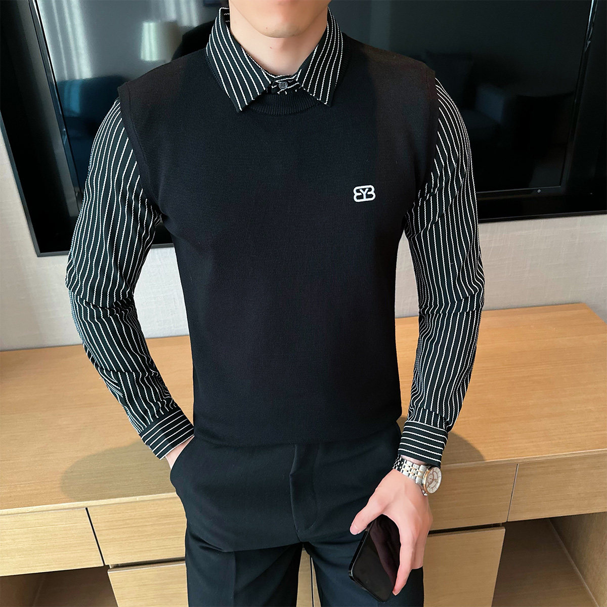 2025秋装新款男士假两件衬衫领毛衣商务休闲针织衫401B-MY69-P90,男装针织衫/毛衣,星座401B（原A431）