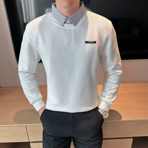 2025秋装新款男士假两件衬衫领毛衣纯色打底针织衫401B-MY61-P80,秋装男士服装搭配2017图片