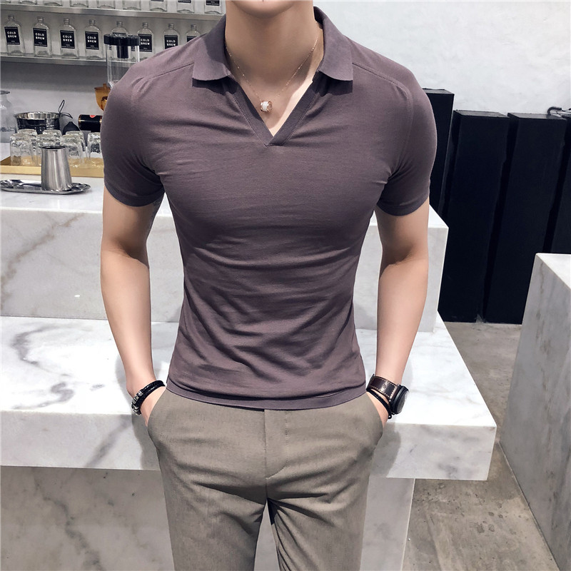 2025夏季英伦纯色V领短袖POLO衫韩版男士T恤A431-M608-P48,男装T恤,星座401B（原A431）