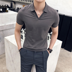 2025夏季英伦纯色V领短袖POLO衫韩版男士T恤A431-M608-P48