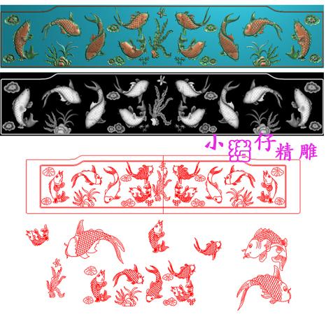 荷花鱼多鱼雕花图JDP浮雕图沙发背板靠背 精雕图5.21软件图 BMP图