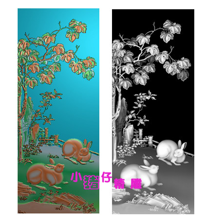 精雕图JDP山水花鸟玉兔两兔风景图浮雕图521软件BMP灰图屏风图