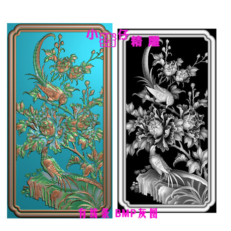 竖板围板牡丹花鸟双鸟二鸟图精雕图JDP浮雕图521软件石木雕BMP图