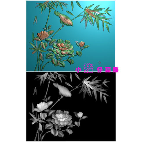 单鸟花鸟图牡丹竹子精雕图5.21软件图JDP浮雕图雕刻图BMP灰度图
