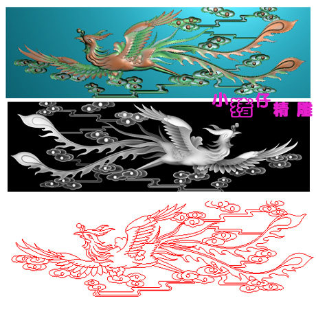 单凤凰如意祥云精雕图背板围板屏风挡板浮雕图JDP软件521石木雕