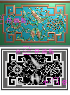 藏族八宝金鱼伞金轮如意结背板JDP精雕图浮雕图BMP灰色图521