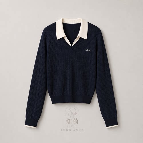 国内专柜代购正品 indicia标记女装秋季拼色翻领针织衫F2C6ZZ438C