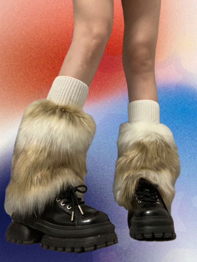 SUPPER 花花 秋冬复古辣妹毛毛腿套y2k仿皮草毛茸茸袜套组合套装