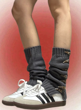 SUPPER花花   纯色针织袜套女秋冬牛角纽扣学院风堆堆袜