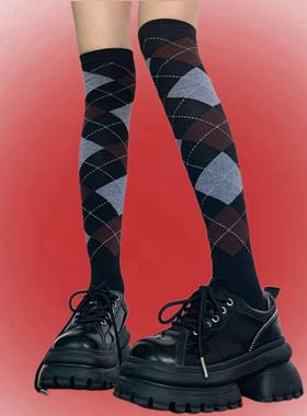 SUPPER 花花 复古学院风miu系彩色菱形格子春秋保暖长筒袜连袜