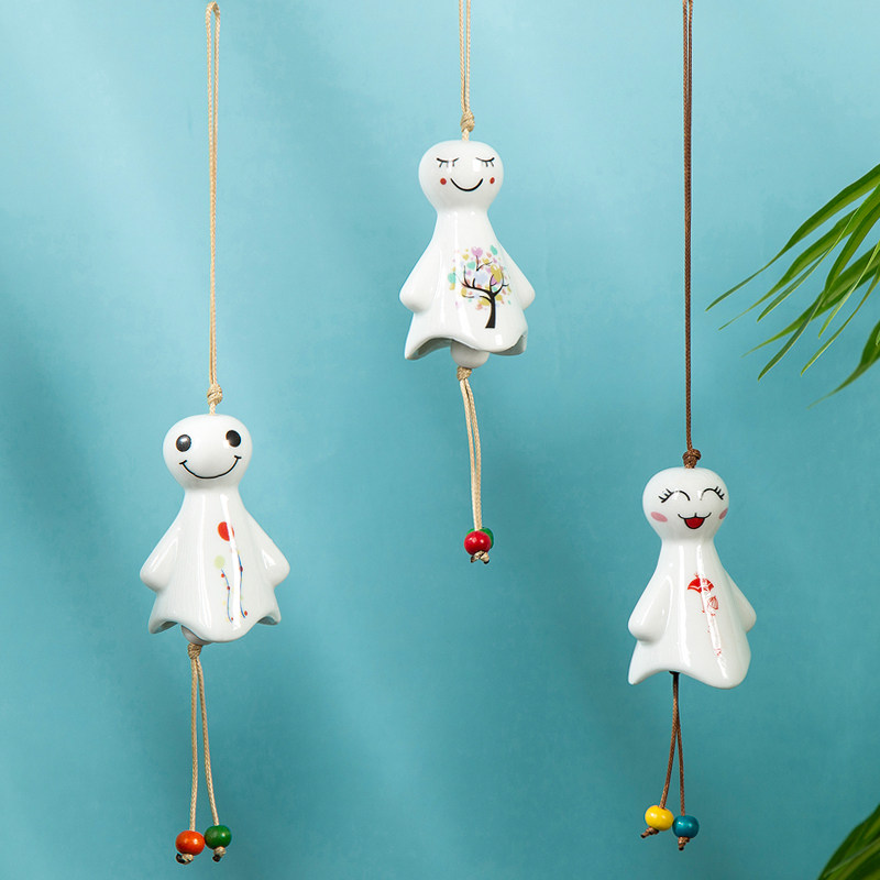 zakka日式杂货草帽小兔子晴天娃娃陶瓷风铃 家居门窗阳台墙面挂饰