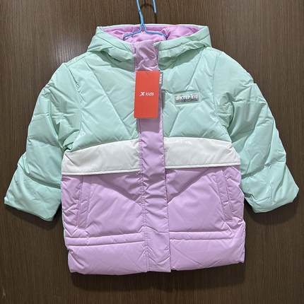 特步儿童正品冬轻便羽绒服小女童拼色潮连帽保暖外套678424193519
