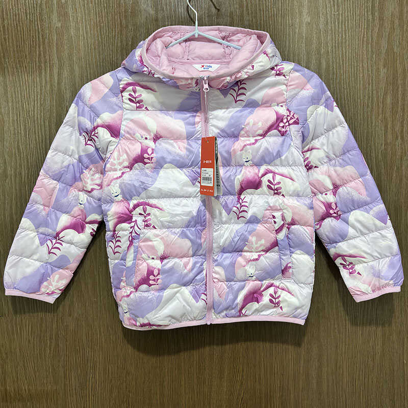 特步儿童正品冬轻薄羽绒服女童可爱小熊连帽保暖棉衣678424193115