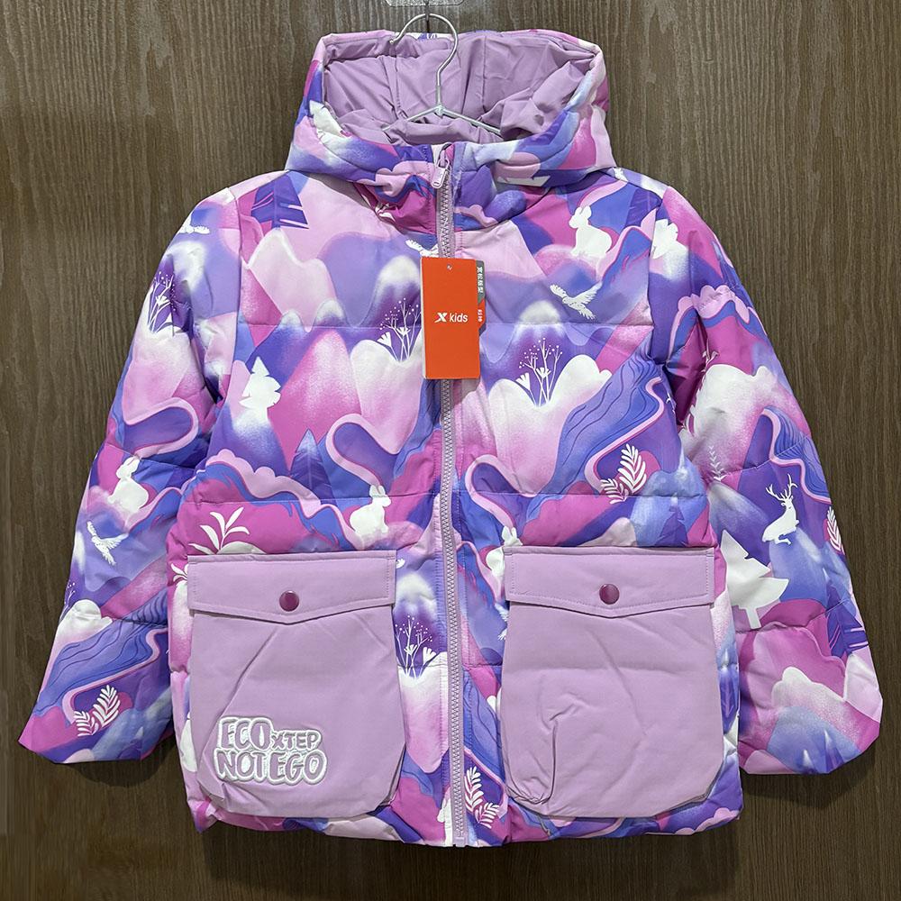 特步儿童正品冬休闲清新保暖羽绒服女童运动连帽棉衣678424194195
