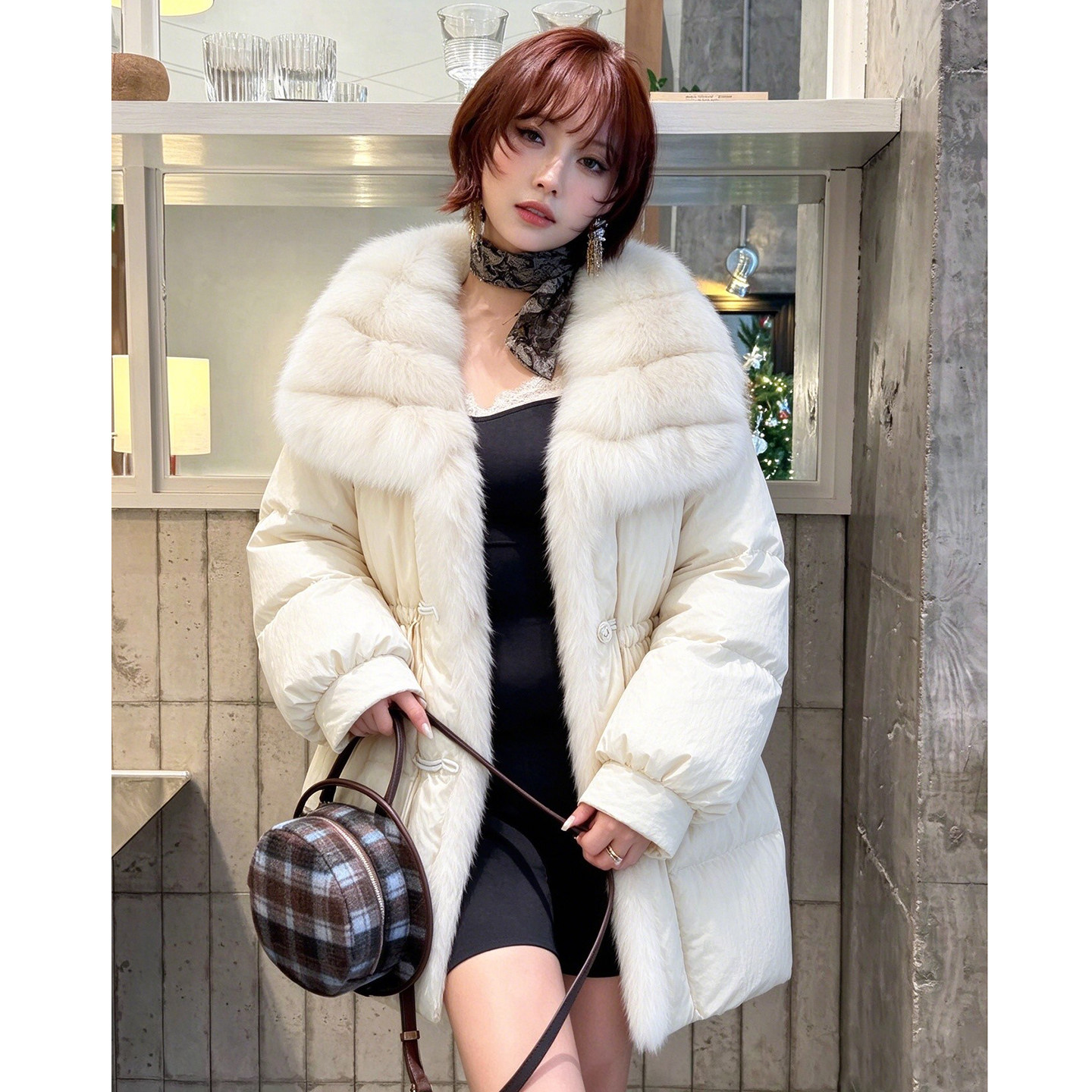 冬季真毛皮草高端白色宽松显瘦鹅绒羽绒服中长款女大狐狸毛领外套
