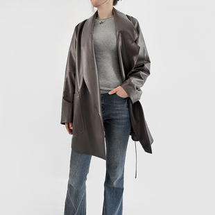 领风衣腰带款 宽松显瘦西装 真皮皮衣海宁皮草单皮外套女中长款 春季