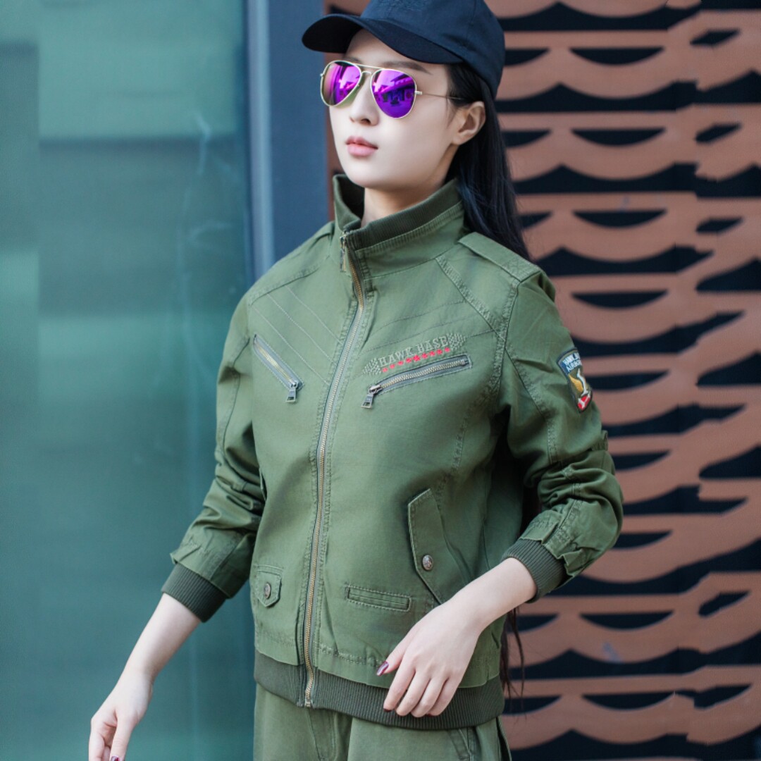春秋款户外运动休闲女夹克立领外套纯棉帆布时尚帅气修身工装上衣