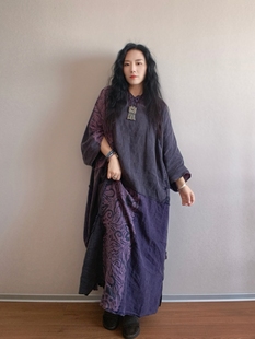 麻淑儿 中式盘扣复古文艺禅意大袍子亚麻老古布拼接连衣裙夏款