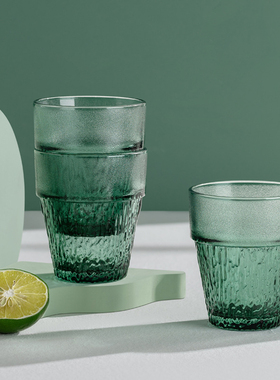 家用喝水叠叠杯玻璃杯加厚绿色杯子高颜值水杯商用餐厅饮料啤酒杯
