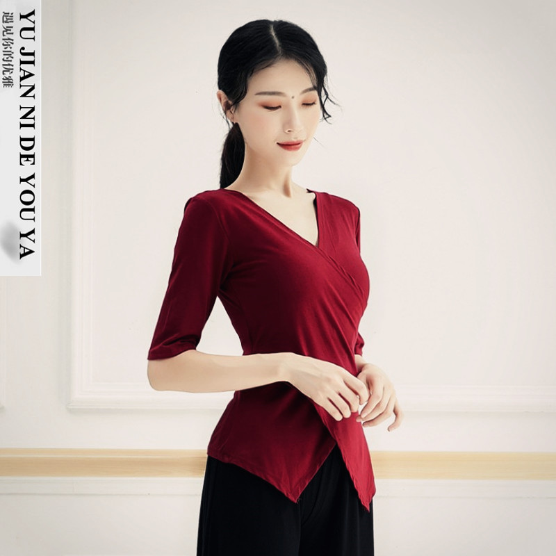 莫代尔交叉v领不规则形体服现代舞蹈服装成人练功服上衣女款新款
