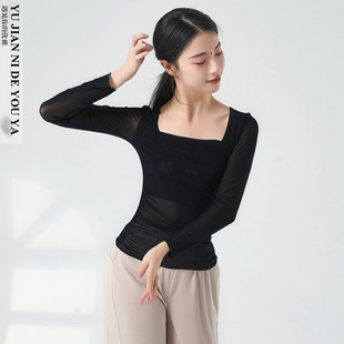 黑色网纱方领长袖形体服现代舞服中国舞古典舞蹈服装练功服上衣女