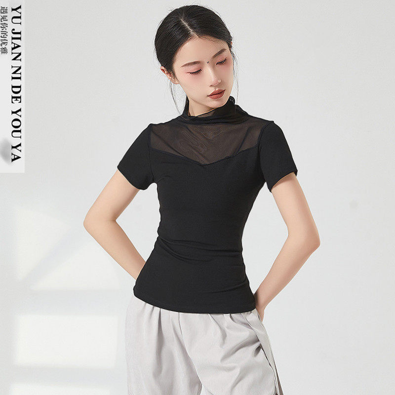 黑色半高领网纱纯棉现代舞拉丁舞中国舞古典舞蹈服装练功服上衣女