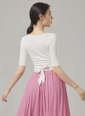 白色交叉v领绑带芭蕾形体服现代舞中国舞古典舞蹈服练功服上衣女