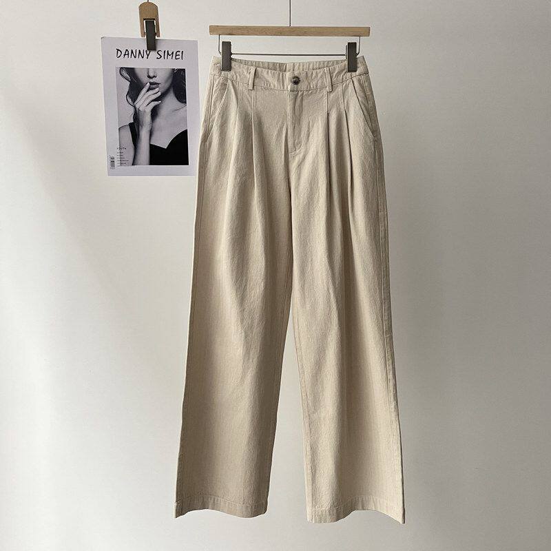 现货 恋小维米色牛仔裤女棉麻亲肤直筒休闲阔腿裤2026年春季新款