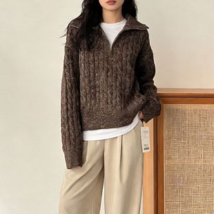 秋冬MM2115 针织衫 现货 复古半拉链翻领毛衣女宽松慵懒风套头长袖