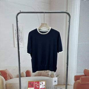 恋小维女装明星同款2026早春新圆领拼接套头针织上衣短袖毛衣T恤