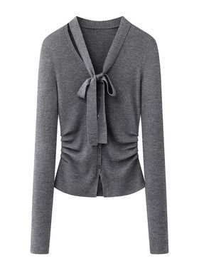 2026春季新款女装法式排扣收腰V领飘带针织开衫毛衣上衣 BR801145